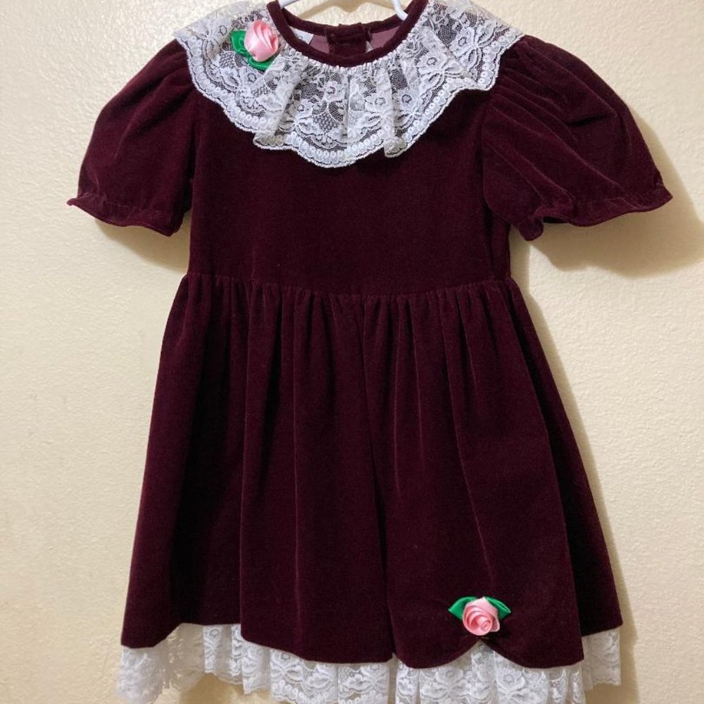 Vintage Jolene Girls Burgundy Velvet Rose Accent Lace Trim Fancy Dress Size 6X